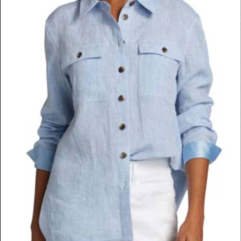 Lafayette 148 Ezra Linen Button Down Shirt Satin Inner Cuff Oversized Size XS - Picture 2 of 10